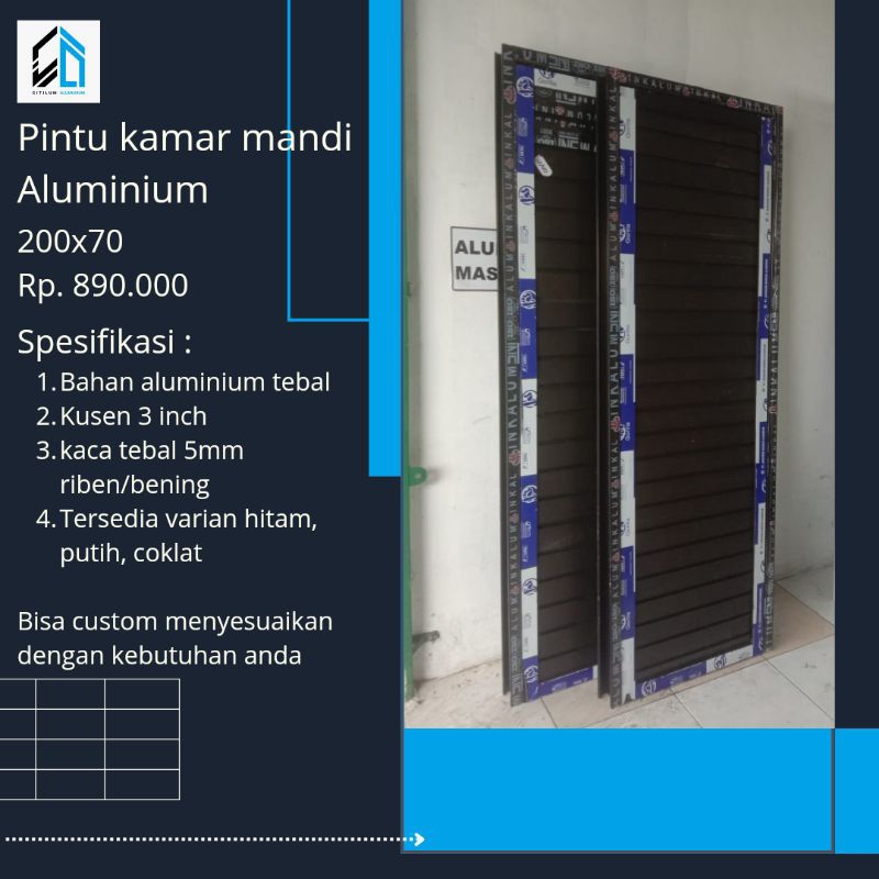 pintu kamar mandi full Aluminium komplit kusen dan daun pintu ukuran 200x70