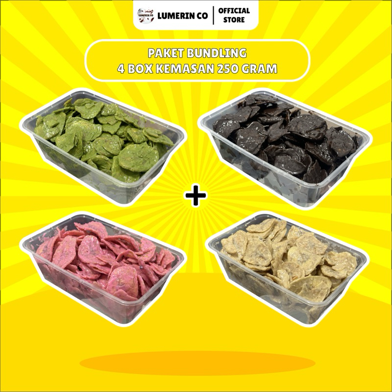 

PAKET BUNDLING 4 BOX 1000 GRAM | KERIPIK PISANG RASA COKELAT + MATCHA + TIRAMISU + STRAWBERRY