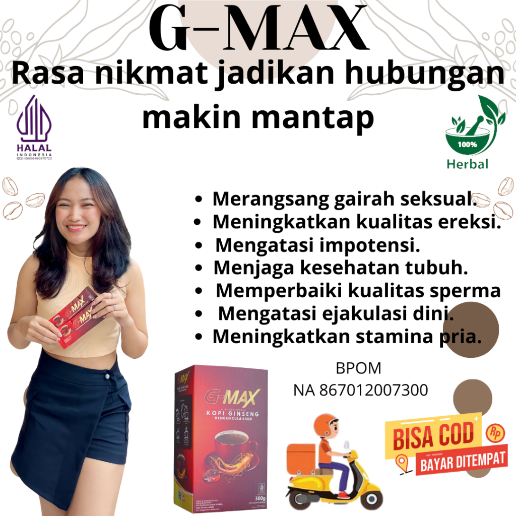 

G-MAX GINSENG kopi penambah stamina pria dan kuat tahan lama sex di ranjang 100% original atasi masalah kejantanan dan aman di konsumsi