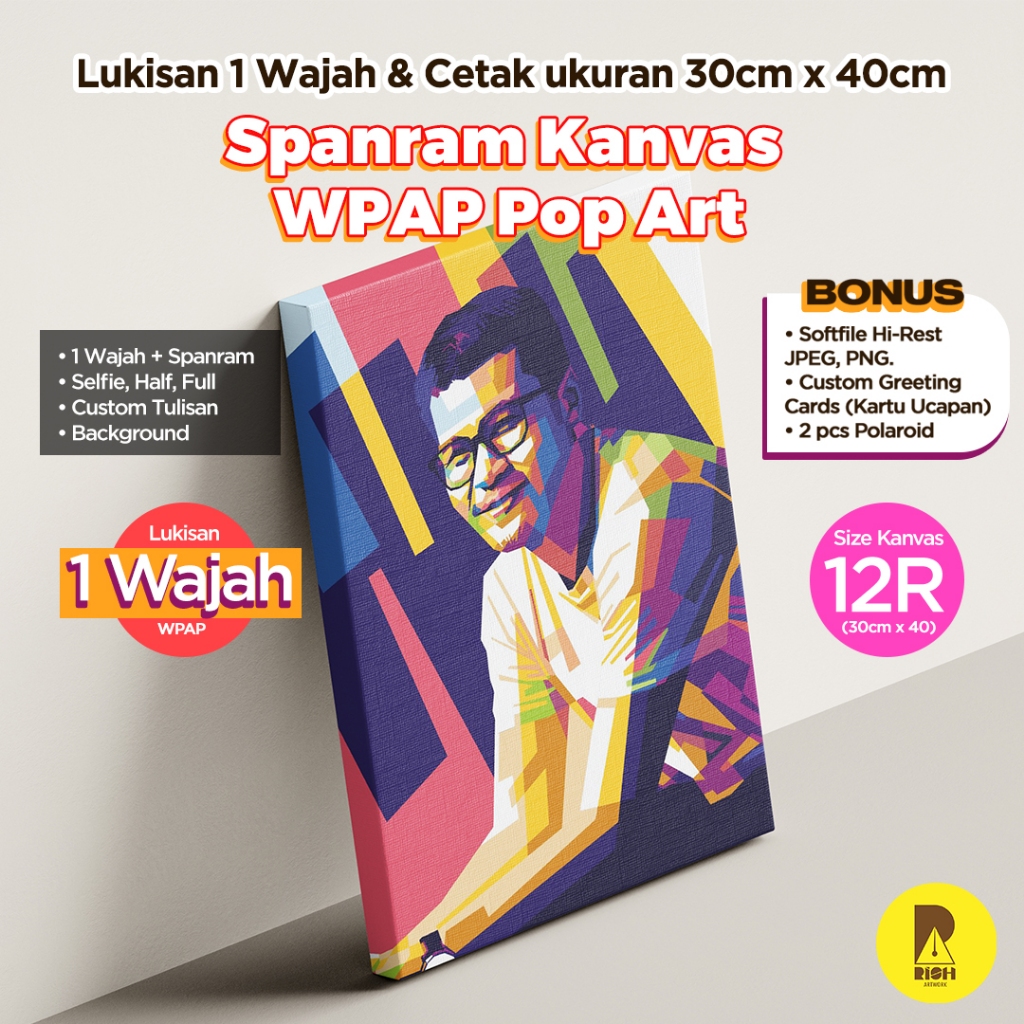 Lukisan Wajah WPAP Pop Art 1 Wajah + Cetak Spanram Kanvas  30×40/12R | Custom Kado Ulang Tahun/Hiasa