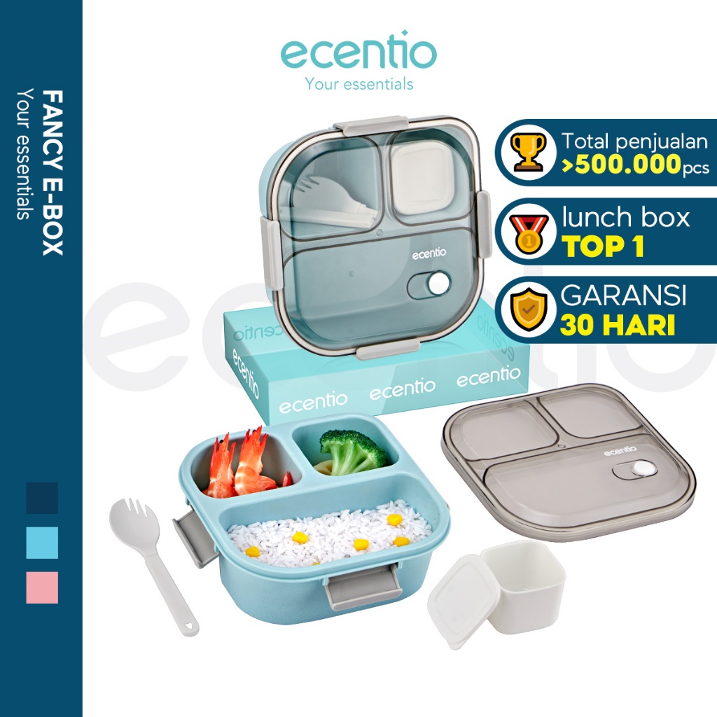 	 ecentio kotak bekal anti tumpah 3 grid 1100ml Kotak makan wadah bekal anti tumpah kotak sup 100ml Free Sendok	