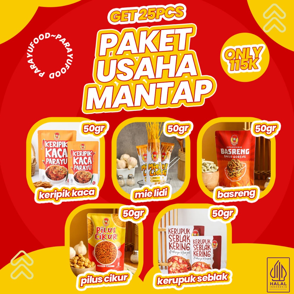 

KODE F12A Parayu Food Paket Usaha Mantap 25 Pcs Ukuran 5gr Varian Basreng Kripca Lidi Cikur Kerupuk