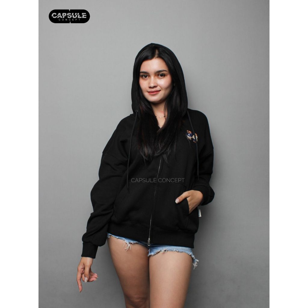 Ambler Twinlook Bear Zip Hoodie Black