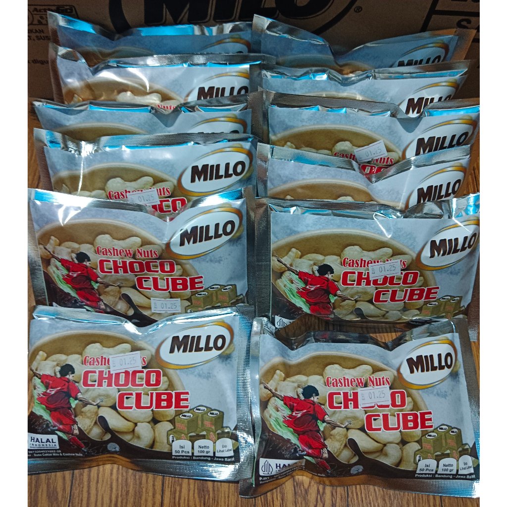 

Cashew Nuts / Kacang Mede, Milo / Millo Cube Lokal 1 Dus/Karton (Isi 40 Pack Per Pack Isi 50 Cube)