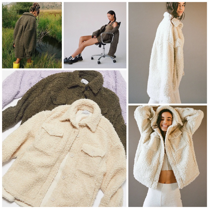 Ready Palmer Sherpa Shirt Pocket Button Long Jacket Fur Outer Women Broken White Ivory Olive Green b