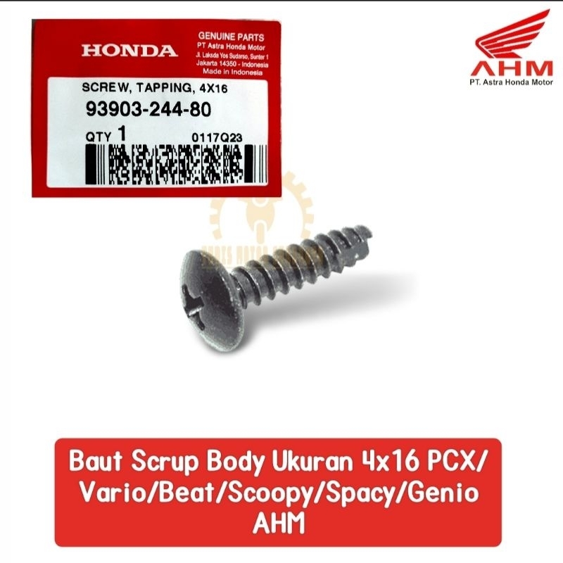 AHM 93903-244-80 Baut Body Scrup kasar hitam ukuran 4x16 Honda  PCX,ADV,Vario,Beat,Scoopy,Spacy,Geni