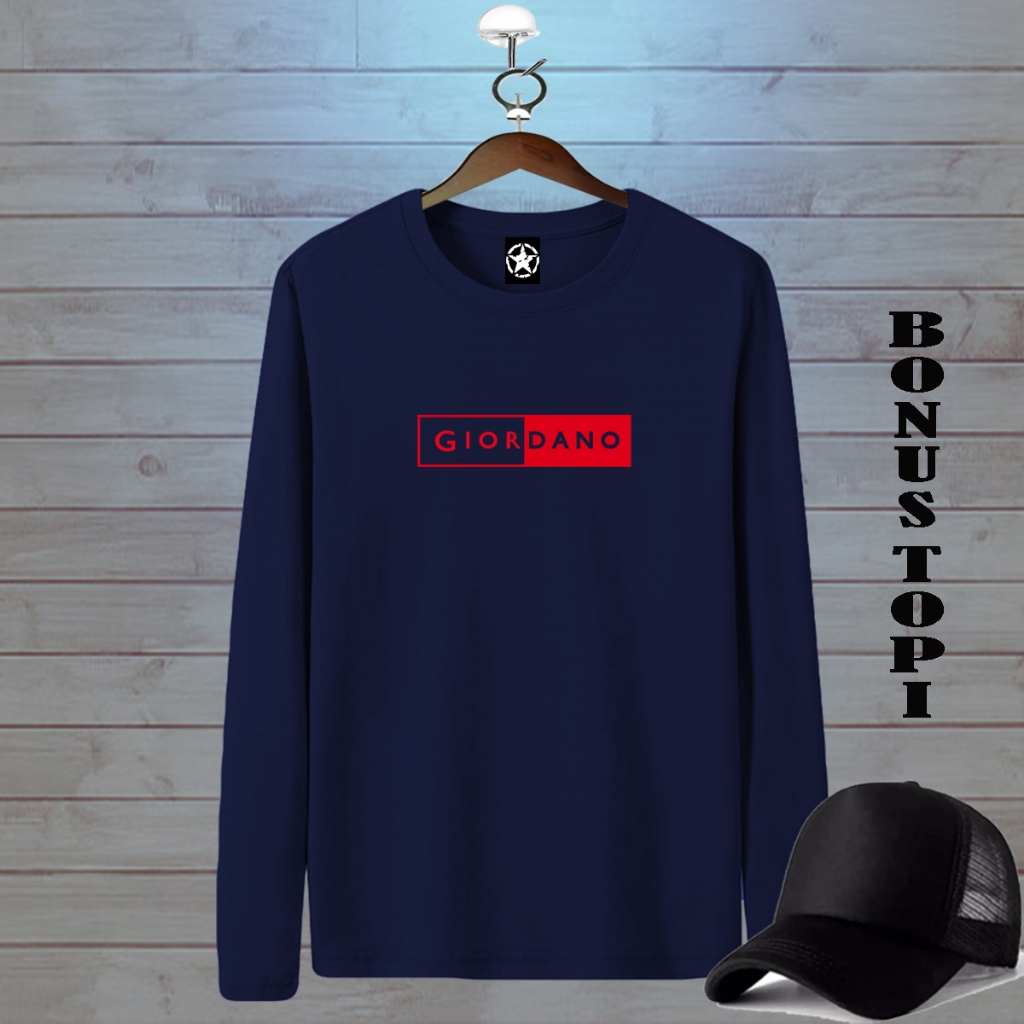 Bonus Topi Polos  Kaos Pria & Wanita Lengan Panjang Giordano Merah / Baju Kaos Distro Cotton Combed 