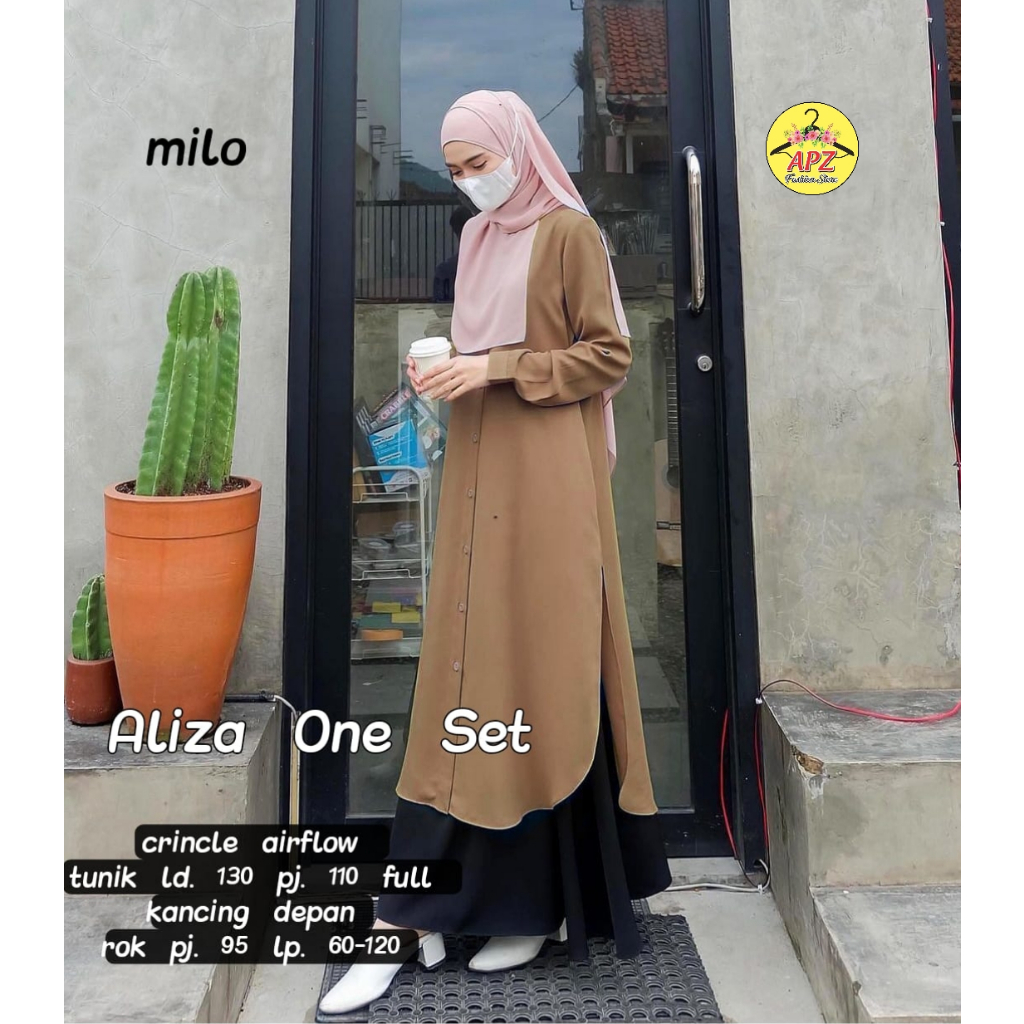 Setelan Baju Tunik Panjang LD 130 Dan Rok Lebar Bawah Aliza Oneset Busana Wanita Muslimah Terbaru Tr