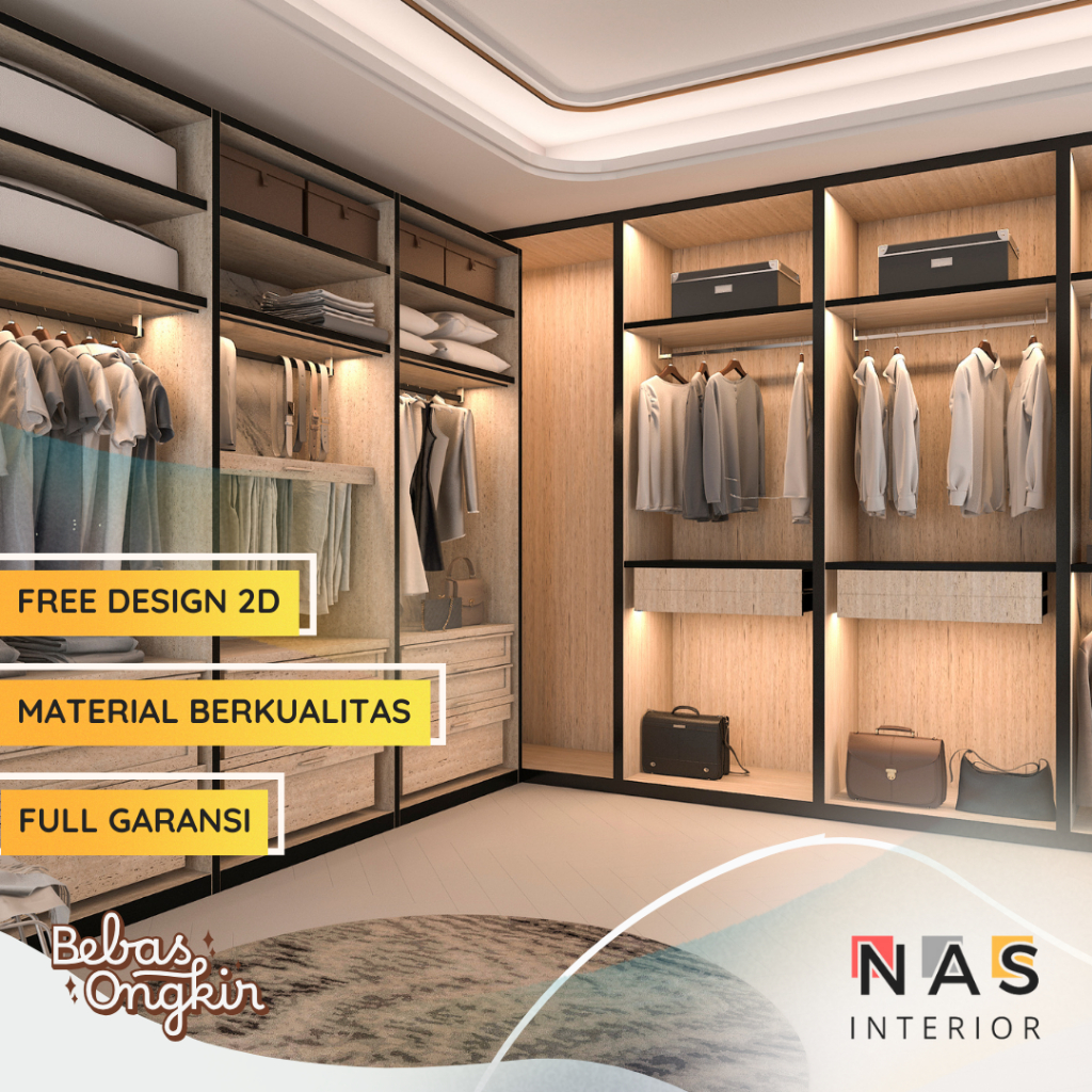 Custom Lemari Wardrobe HPL Full Dinding Lemari geser 4 Pintu Lemari Baju Kayu Aesthetic Minimalis Mo