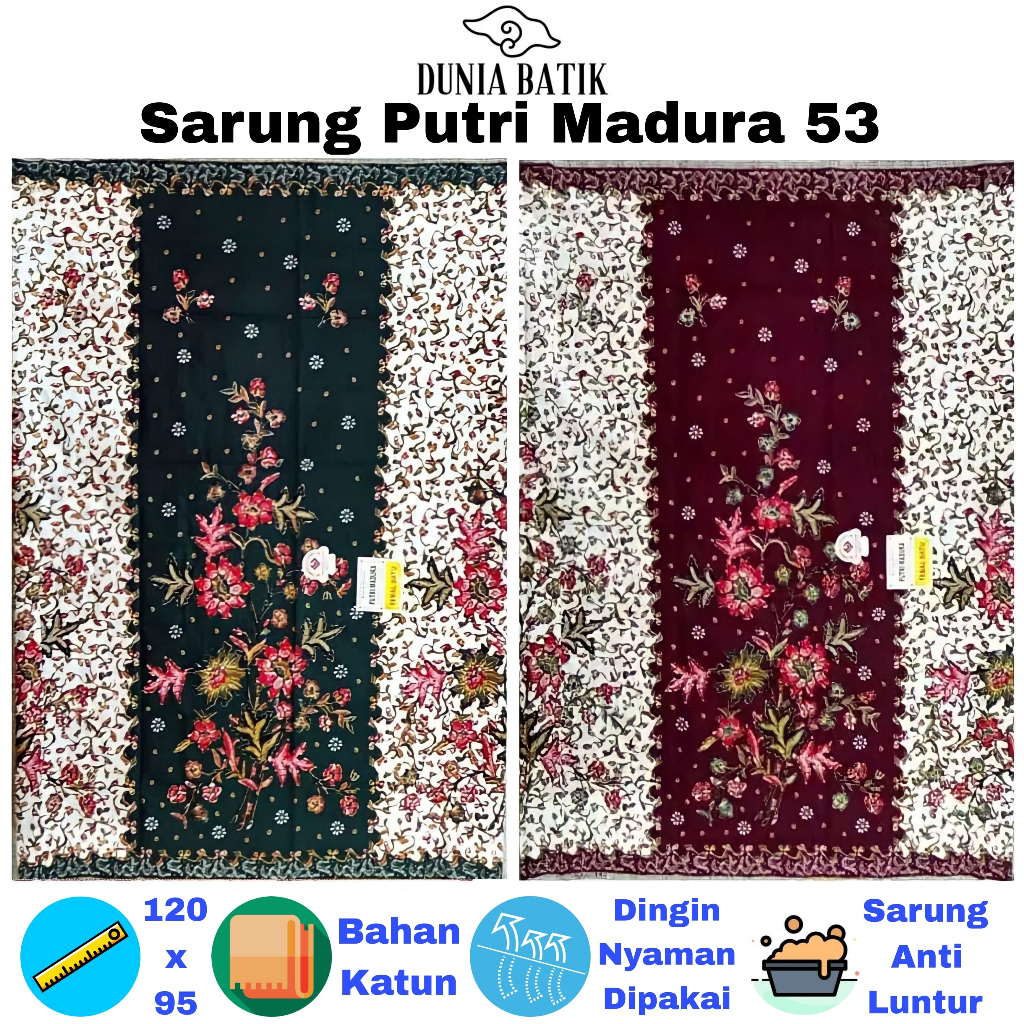 Sarung Batik Putri Madura 53 Halus Warna Dasar Putih an Ukuran Dewasa Kain Murah Jarik Perempuan Sar