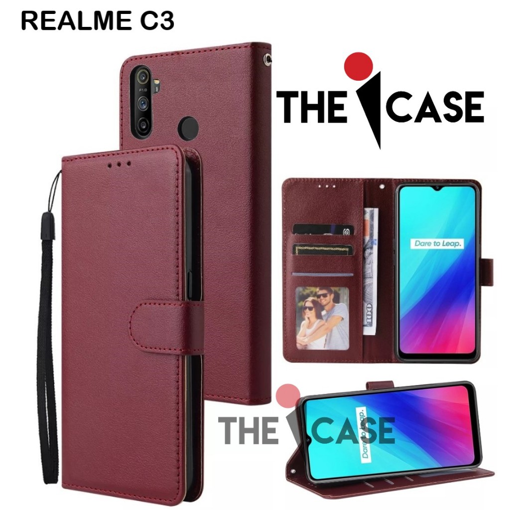 Casing REALME C11 model flip buka tutup case kulit ada tempat foto dan kartu juga tali hp flip cover