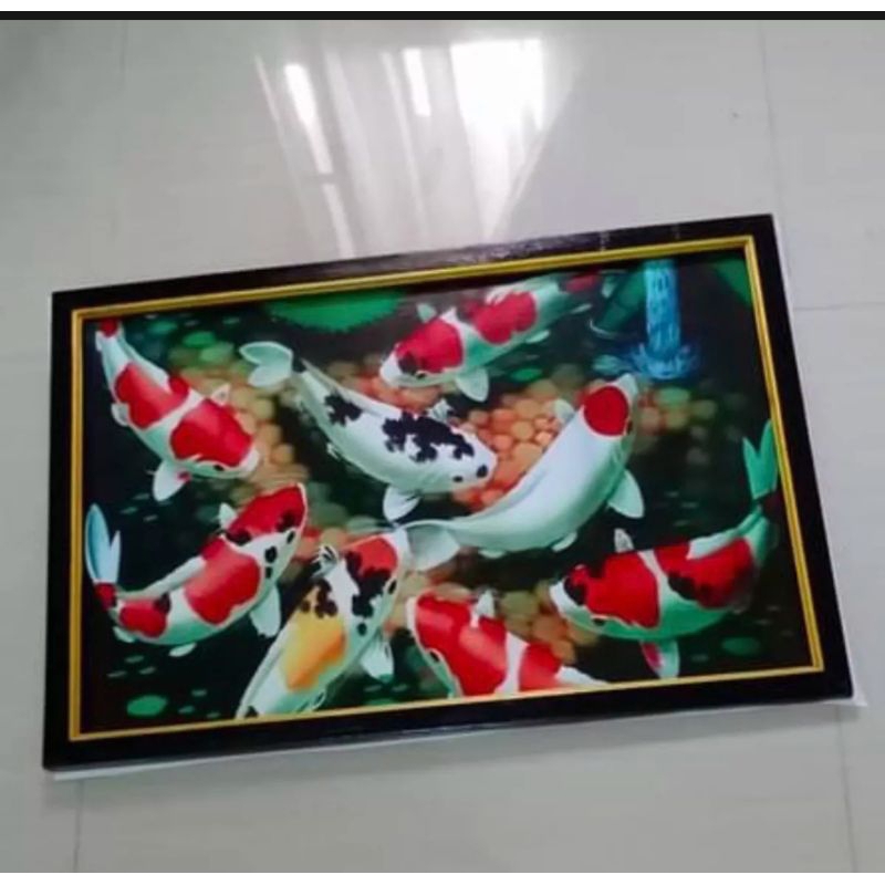 Hiasan dinding lukisan cetak 9ikan koi plus bingkai UK 35x52cm