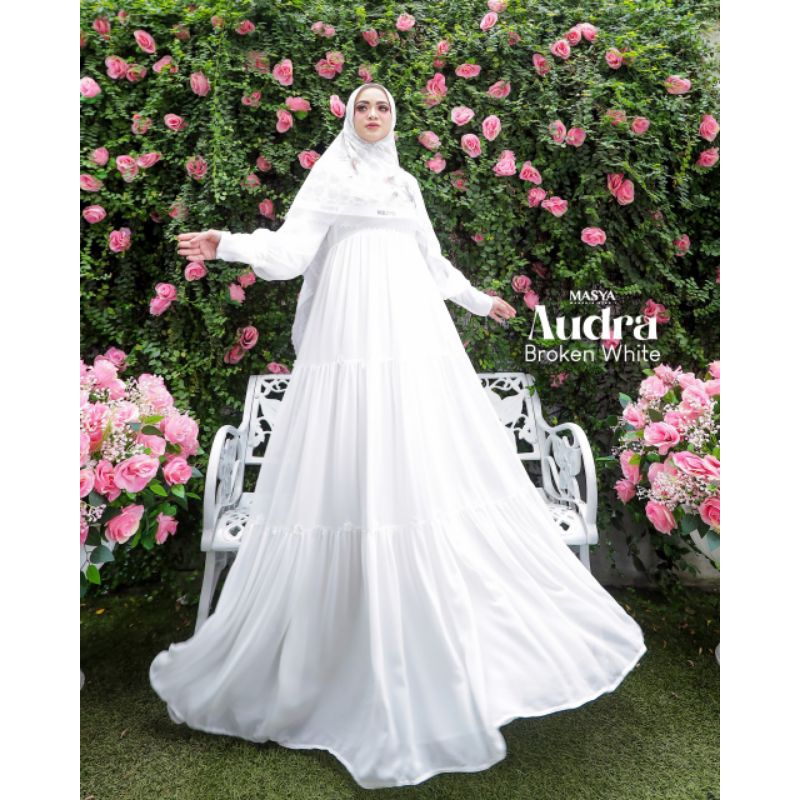 Set Gamis Dress Ceruty Babydoll Printing Premium Syari Putih Broken White - Putih Bersih - Putih  Tu