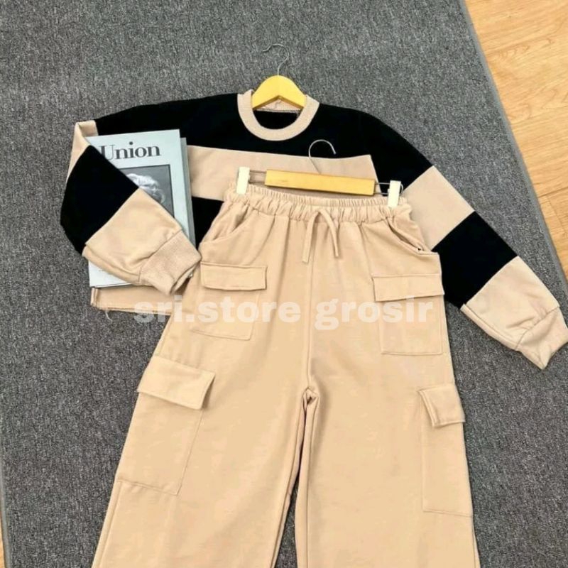 ONESET KIYOWO SWEET PANTS JOOLY UP CARGO WANITA OVERSIZE JUMBO SETELAN SWEATER CROPE WANITA + CARGO