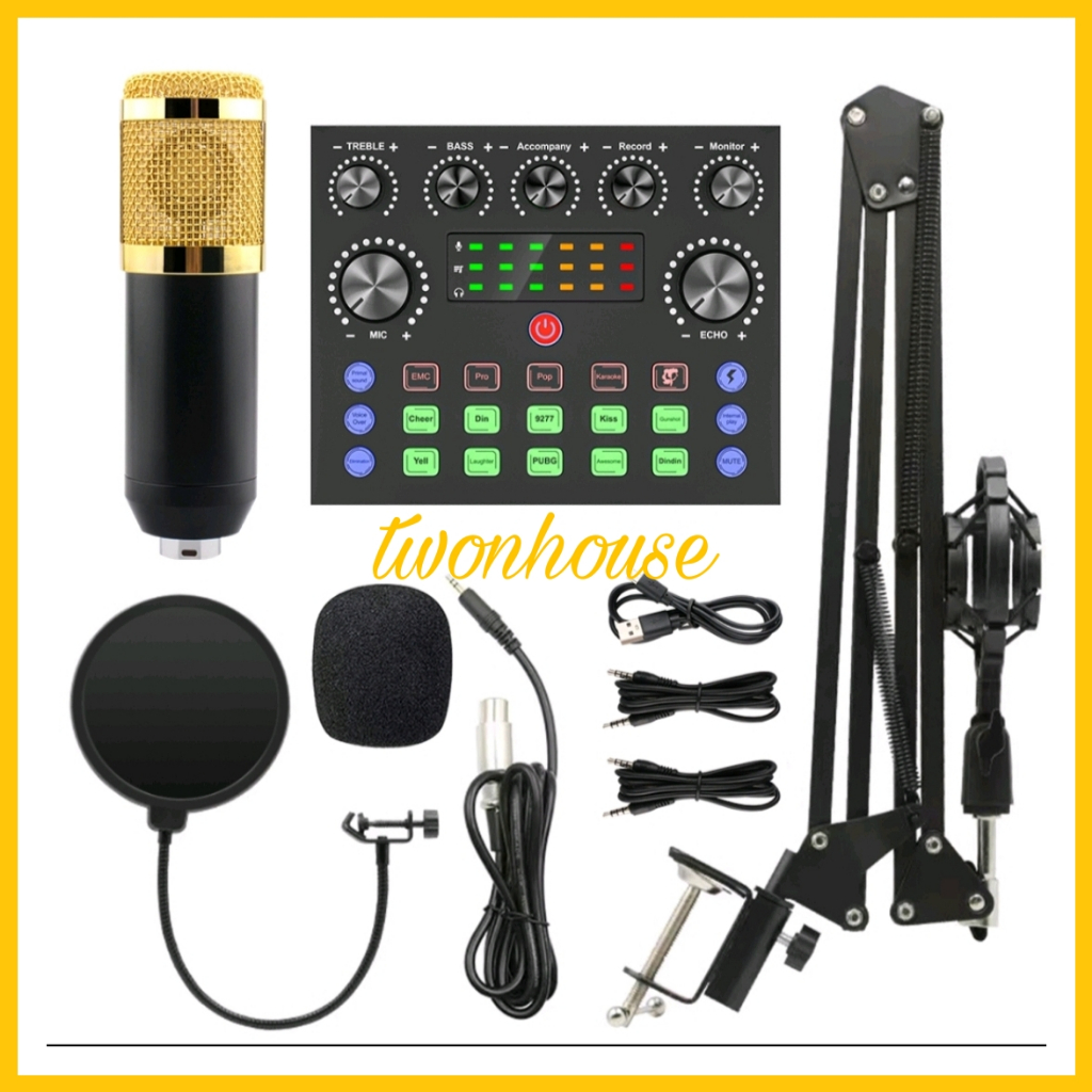 Alat karaoke lengkap set PAKET KUMPLIT MIC CONDENSER BM 800 + STAND + SOUNDCARD V8S PLUS