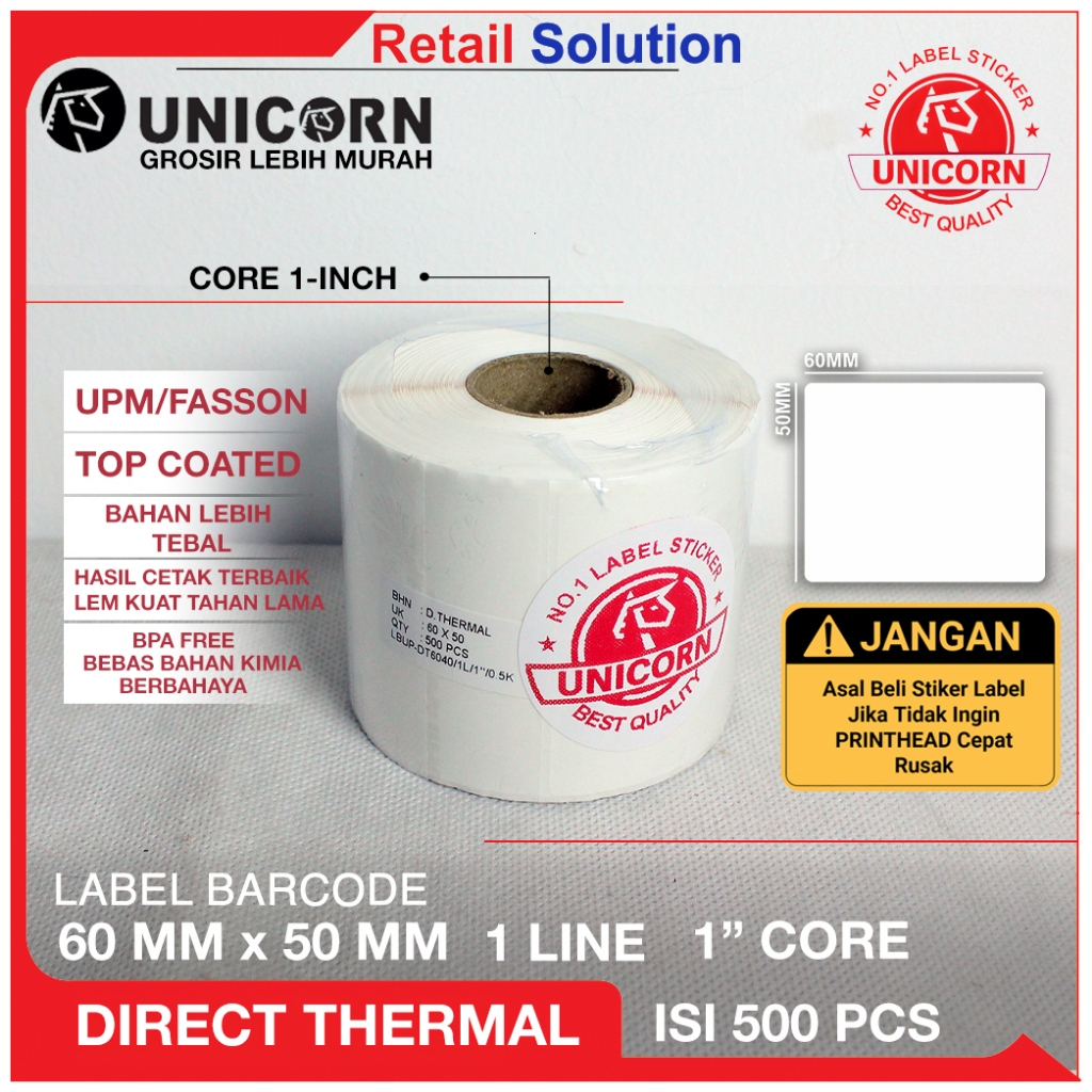 

Unicorn Stiker Barcode Label Thermal 60x50 mm / 60x50mm / 60 x 50 mm