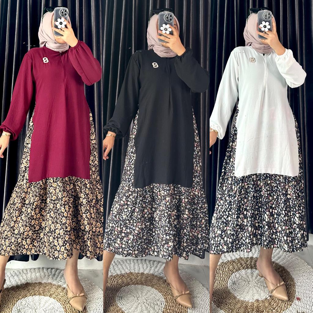 RATI - Lummy Midi Dress Wanita Kombinasi Motif Rayon Bunga Jizzy Dress Crinkle Jumbo Fashion Dewasa Kekinian by Mumufashion Solo