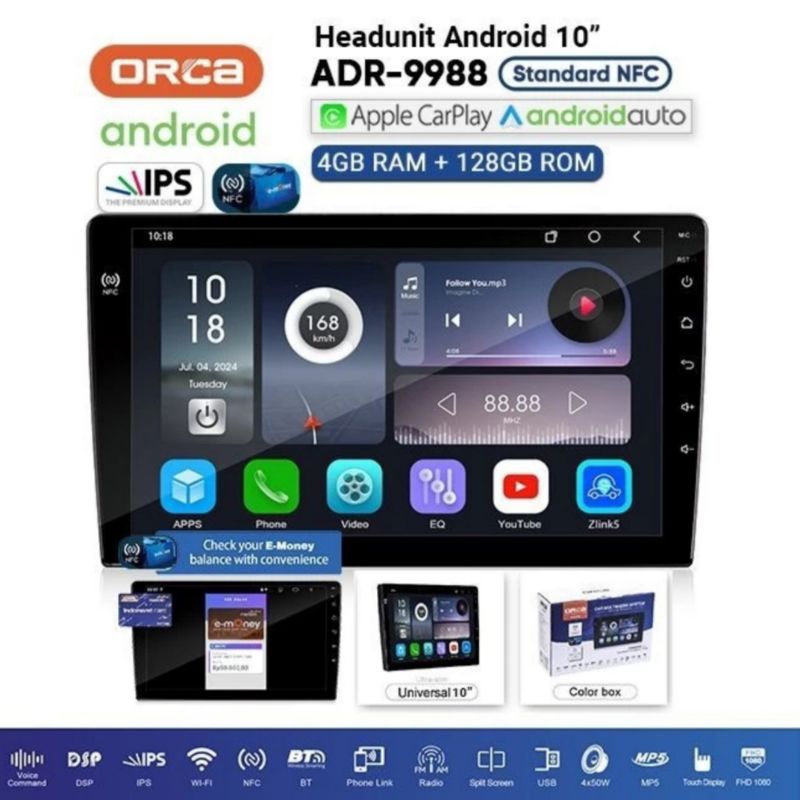 HEAD UNIT TAPE TV MOBIL DOUBLE DIN ANDROID MERK ORCA STANDAR NFC SERIES ADR-9988 UKURAN LAYAR 10 INC