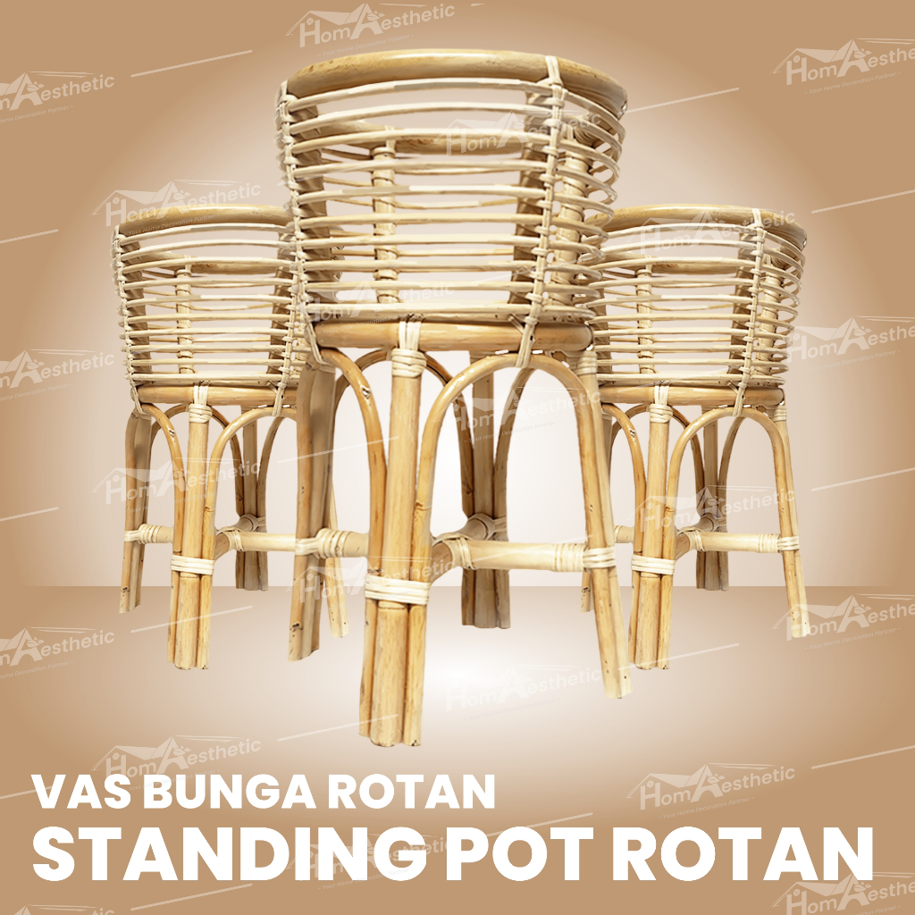 Standing pot bunga rotan 35cm, Wadah Vas bunga minimalis tempat pot rotan alami