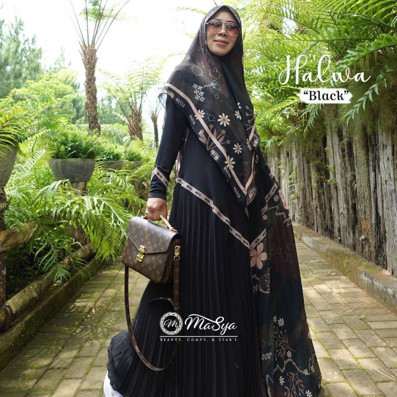 Set Gamis Dress Ceruty Babydoll Printing Premium Syari Branded Jet Black Merah Maroon - Pink - Abu -