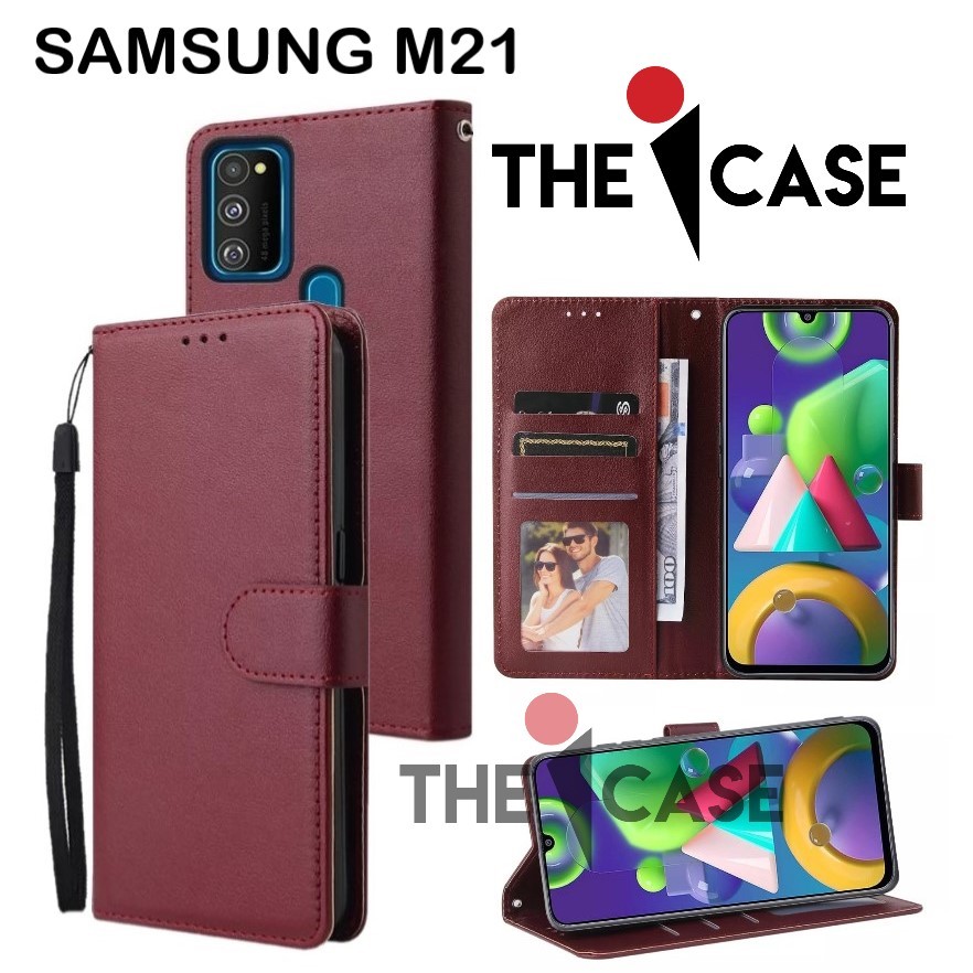 Casing SAMSUNG M21 model flip buka tutup case kulit ada tempat foto dan kartu juga tali hp flip cove