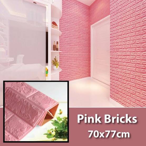 Wallpaper 3d foam stiker dinding batu bata pink motif timbul 77x70