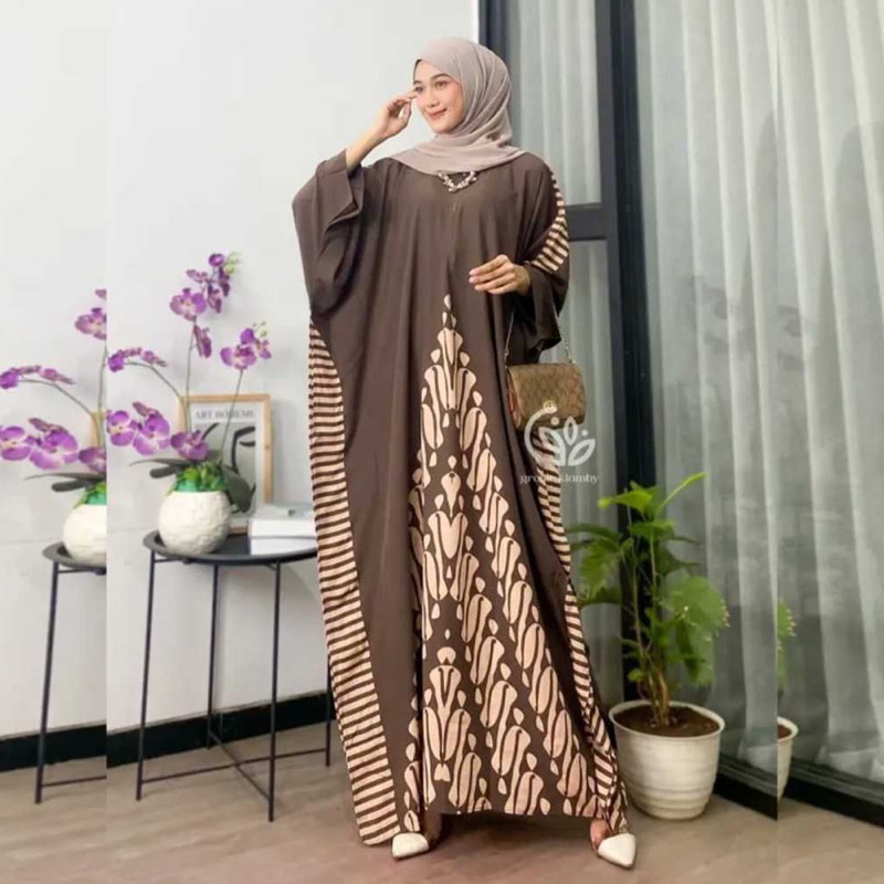 Kaftan Wanita - Daunda Kaftan Size Jumbo XXXXL Motif Daun Lengan Panjang Busui Resleting by Nadira_Fashion / Gamis Rayon Jumbo Kaftan Terbaru-Jogja moca
