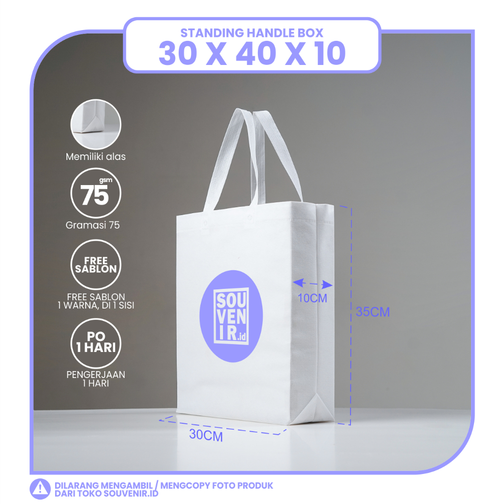 

TAS SPUNBOND LIPAT BOX 30X40 (SABLON COSTOM) UNTUK TAS SOUVENIR, SYUKRAN, MENGENANG, PROMOSI, BANSOS, CLOTHING, LEMBAGA DLL