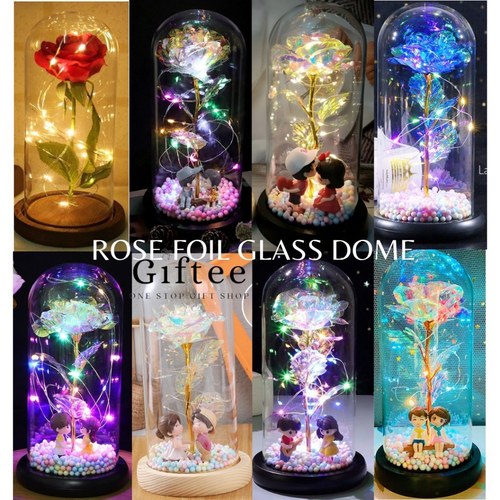 BUNGA MAWAR COUPLE PRINCESS ROMANTIC LAMPU LED ROSE IN GLASS DOME FLOWER DEKORASI RUMAH HIASAN KAMAR