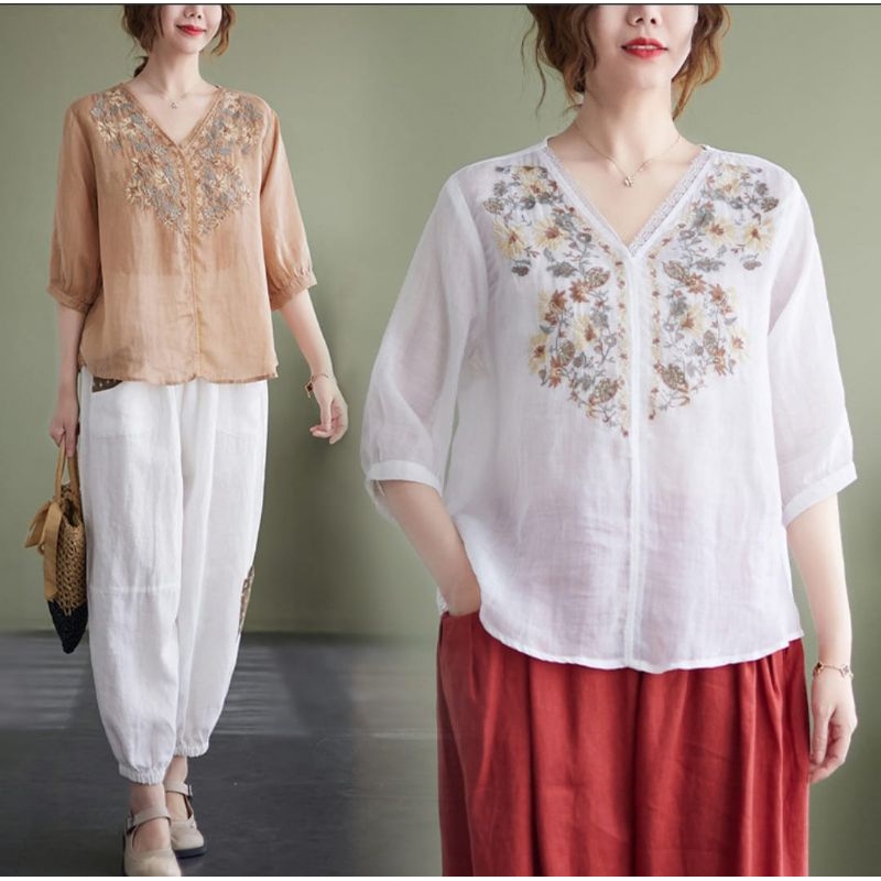 baju blouse import bahan katun linen motif bordir