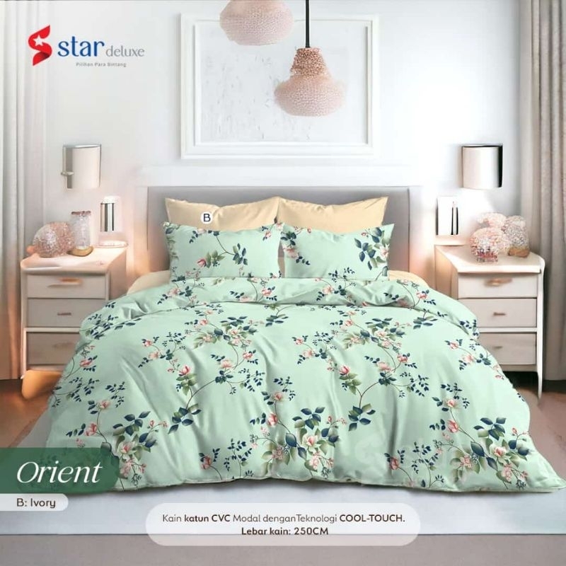 Kain sprei star motif ORIENT hijau mint, cream