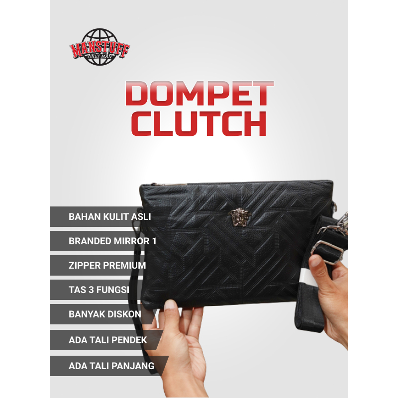 Handbag Hand Bag Clutch 3 Fungsi Pria Kulit Branded Kualitas Premium Merk Versace Hitam Full Embos