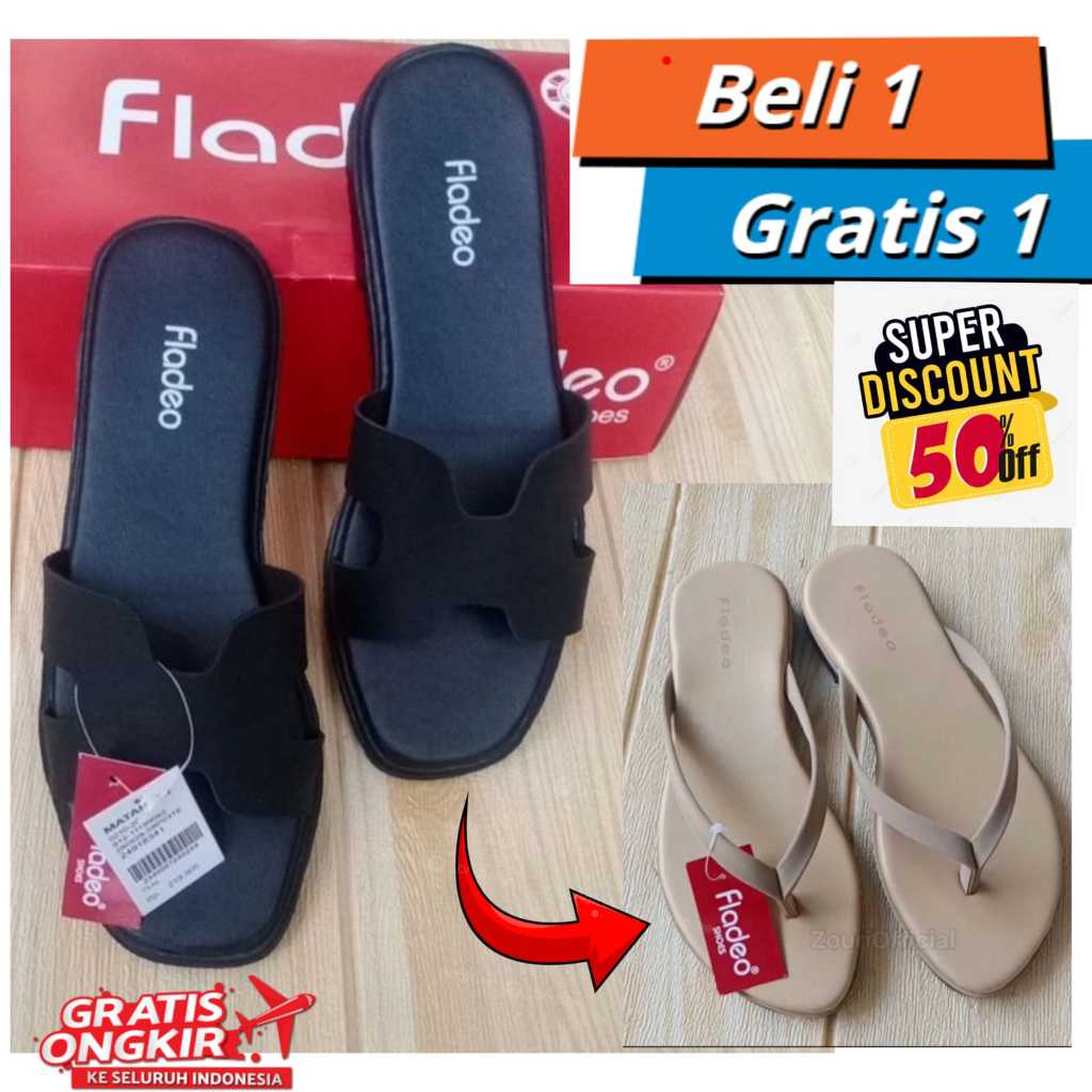 Beli 1 gratis 1 / sandal fladeo wanita / sandal japit dan slop fladeo wanita / sandal wanita kekinia