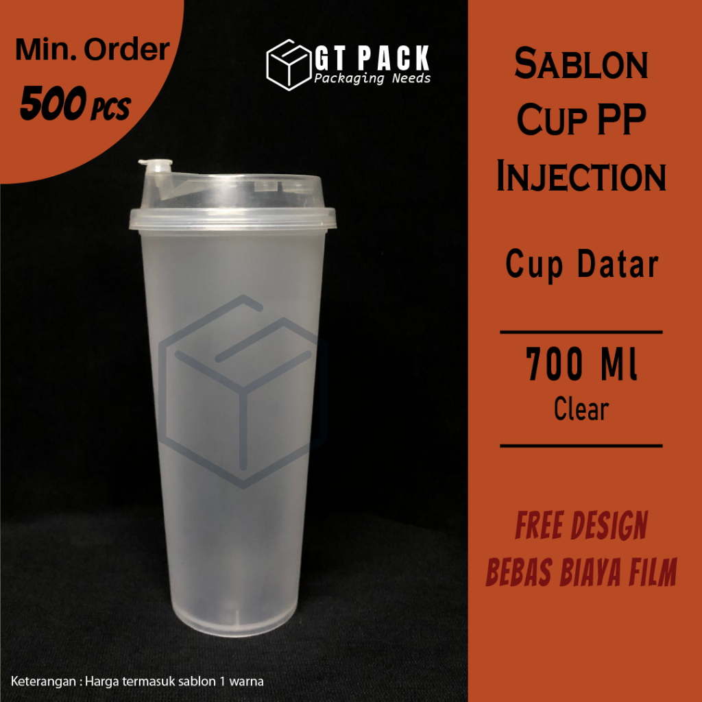 Sablon Cup Plastik PP Injection Datar 700 ML (Frost) + Tutup