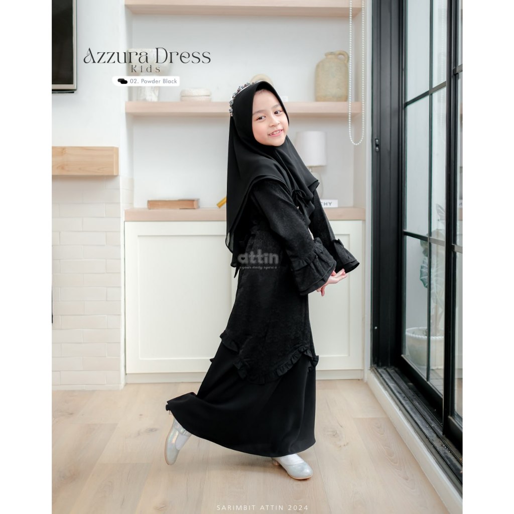 ATTIN AZZURA - Dress Gamis &amp; Khimar Anak Batik Warna Black, Matcha, Blue, Mauve Elegan