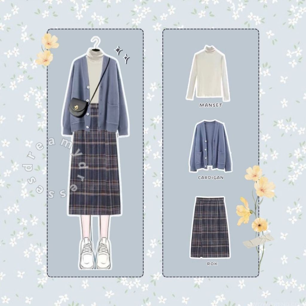 Set 59 - 3in1 OOTD One Set Korean Style Cardigan Denim Rok Tartan Manset Putih Setelan Wanita casual