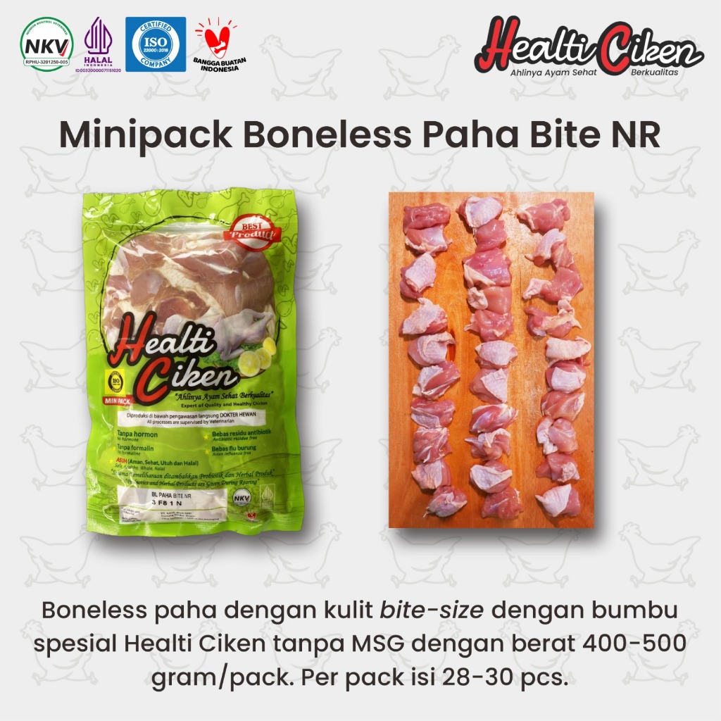 

Minipack boneless paha bite NR | Ayam + Probiotik & Herbal Produk | Daging Ayam Sehat | Healti Ciken | 0.9 - 1 kg / Pack