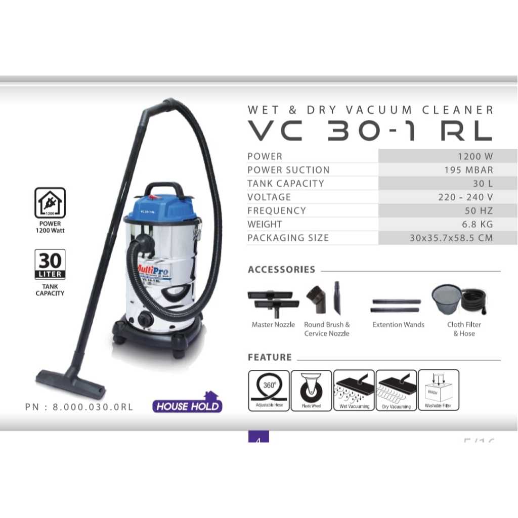 Alat Penyedut Debu 30L MULTIPRO VC 30-1RL Vakum Vacum Vacuum Cleaner Basah Kering 30 Liter Wet Dry 3