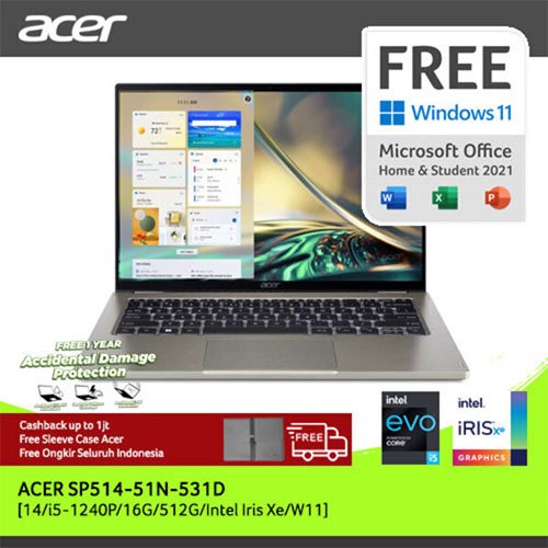 ACER LAPTOP 2 IN 1 SPIN 5 TOUCH SCREEN SP514-51N-531D 14"IPS QHD INTEL EVO I5-1240P RAM 16 GB STORAG
