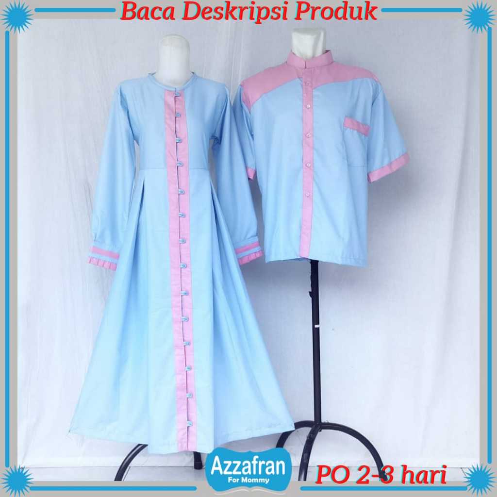 Gamis Ayunda Couple Biru Muda | Baju Katun Anak Perempuan & Dewasa | Seragam Lebaran Toyobo Terbaru
