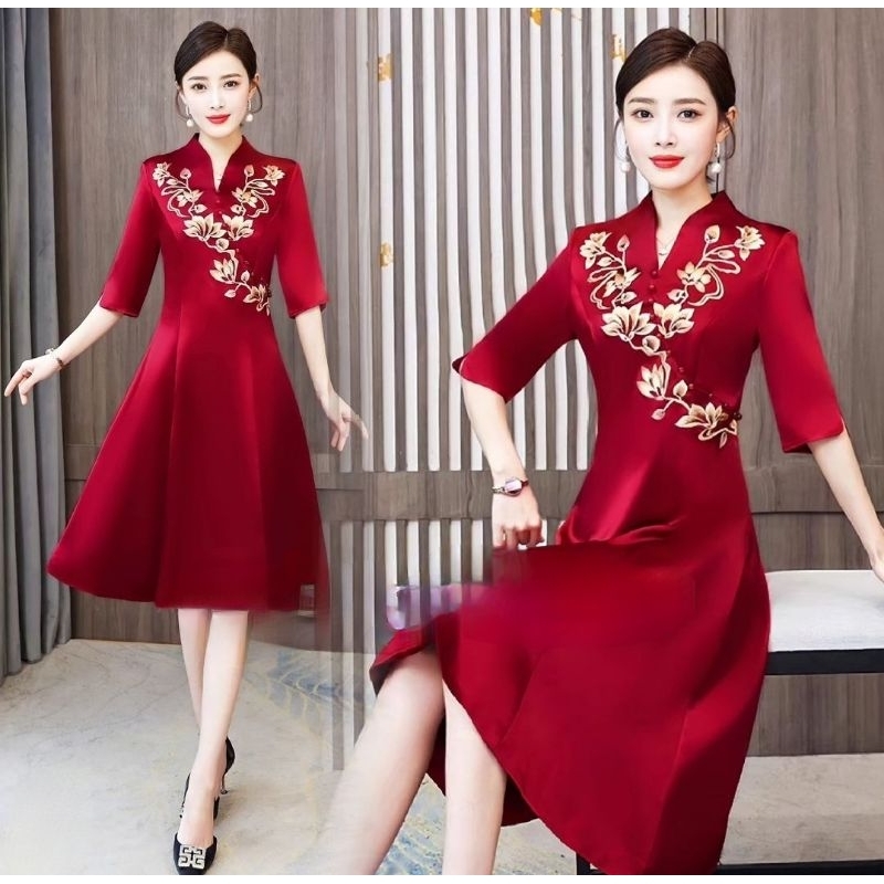 cheongsam middle medium sleeve flare qipao qibao dress simple sangjit acara tepai cny chinee new yea