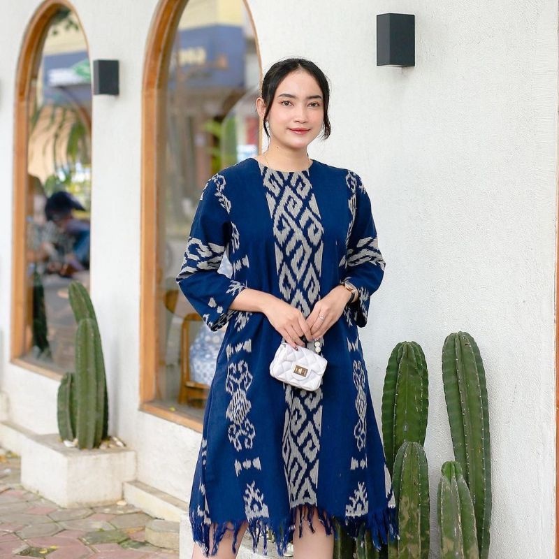 DRES TENUN RUMBAI BAJU TENUN WANITA, BAJU KERJA MOTIF ETNICK