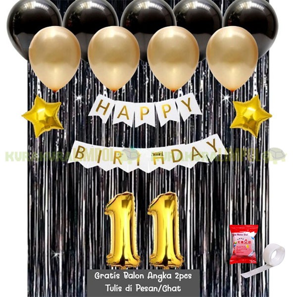 MSM Paket Set Dekorasi Ulang Tahun Tirai Foil Hitam Happy Birthday Set