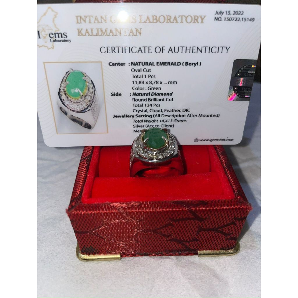 Cincin pria perak berlian zamrud natural emerald