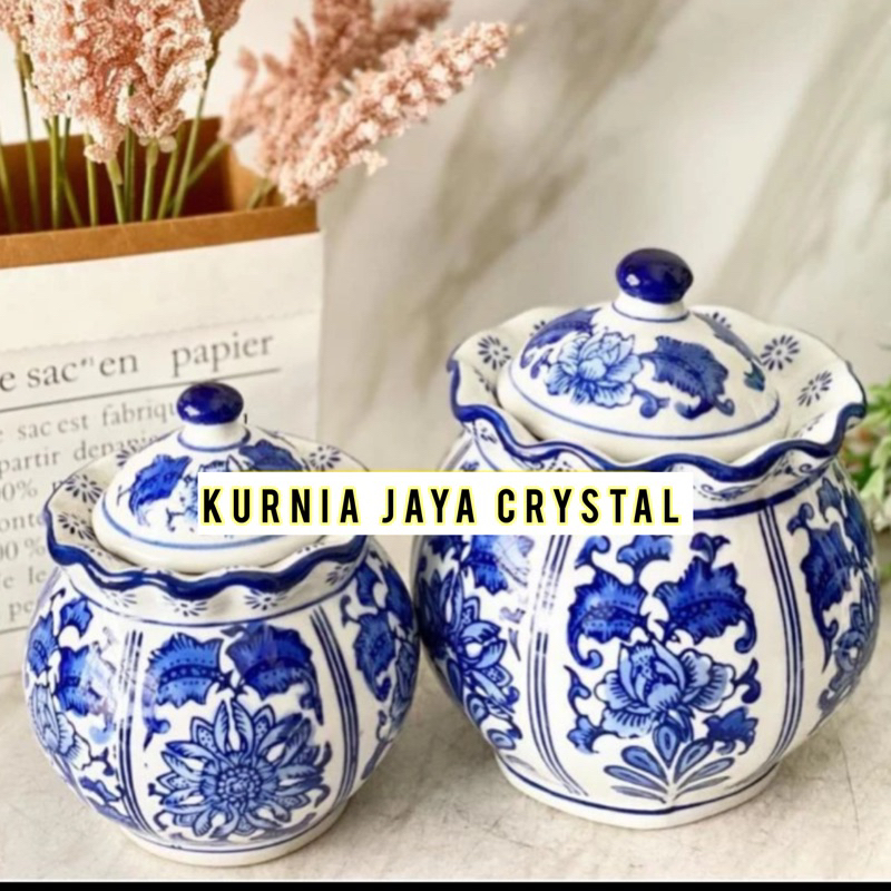Toples Keramik Biru Putih gelombang