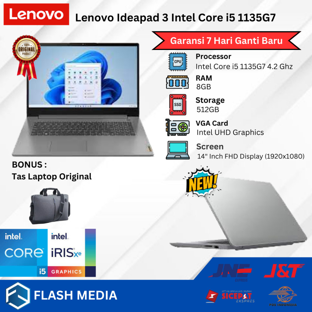 Laptop Baru Lenovo Ideapad 3 14ITL05 i5 1135G7 (Gen11) 4.2 Ghz Octa Core 8GB 512GB SSD