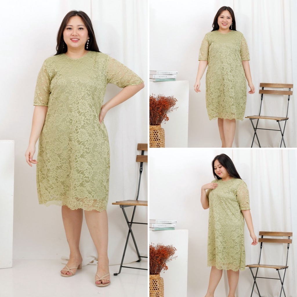 Dress SILVANA Big Size Brukat Jumbo Dres Brokat HIJAU BOTOL XXL Bigsize XXXL Dress Natal Imlek