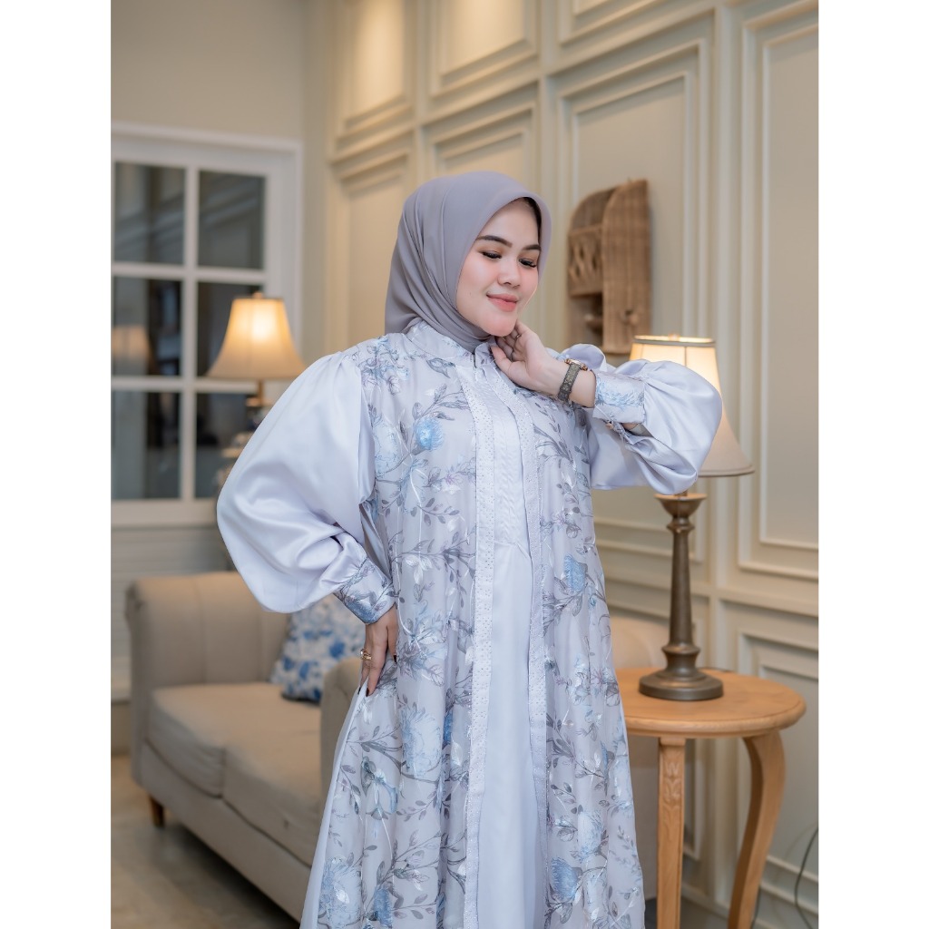 Ashraf_Fashion Muslim Gamis Satin Organza Motif Premium Dress Muslim Wanita Dua Layer Kombinasi Warn