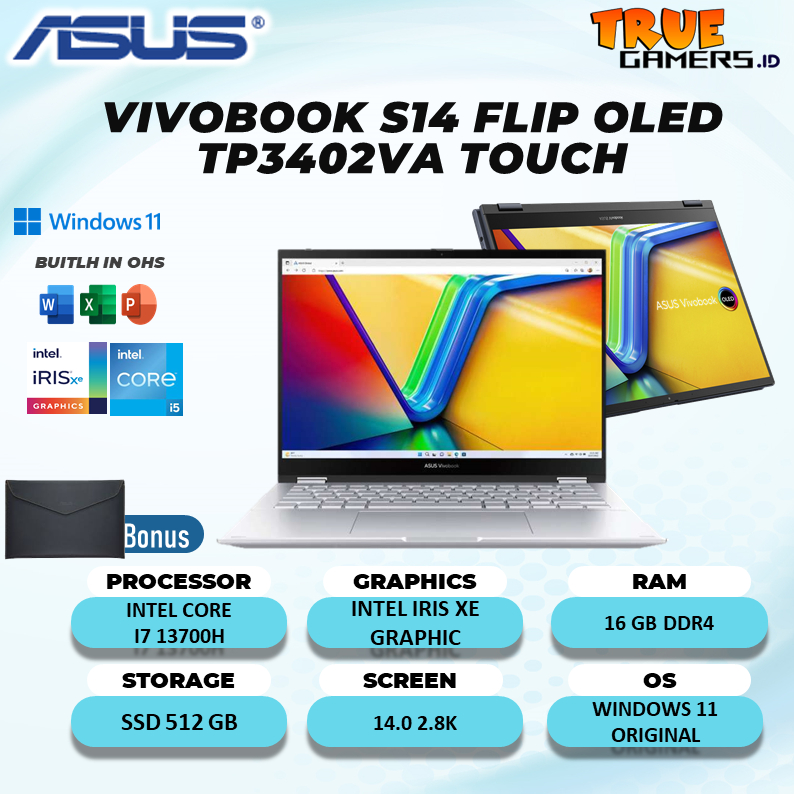 Laptop Asus Vivobook  flip touch TP3402VA TOUCH I7 13700H 16GB 512SSD Win 11 14.0FHD IPS
