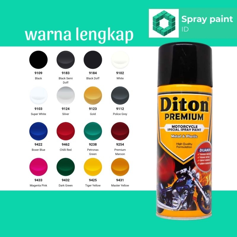 DITON PREMIUM 400ML SEMUA WARNA ALL BASSIC COLOUR CAT SEMPROT SPRAY PAINT PILOX PILOK BLACK WHITE CL